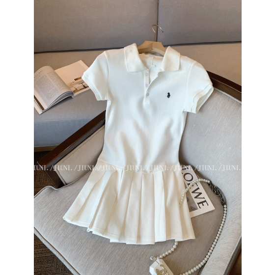 New polo collar dress for summer women's college style aging irregular hem long skirt